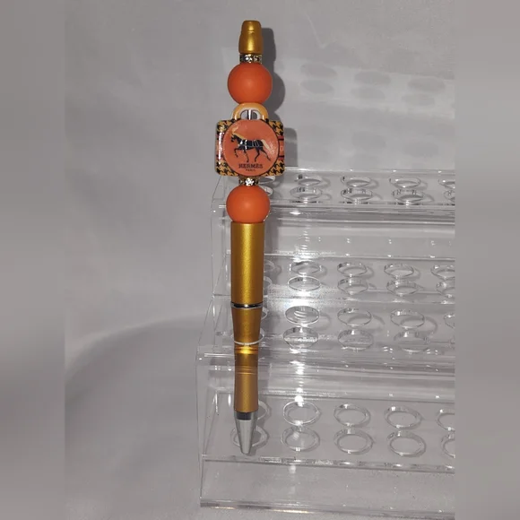 Fashion Hermes Beaded Pen Orange and gold Handmade - Picture 2 of 3
